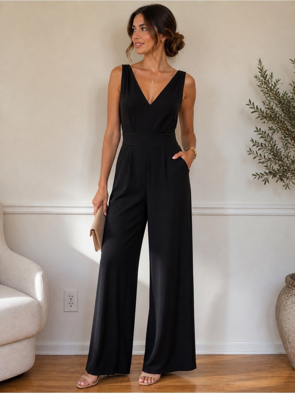 Alythea Black Sleeveless V-Neck Wide-Leg Jumpsuit